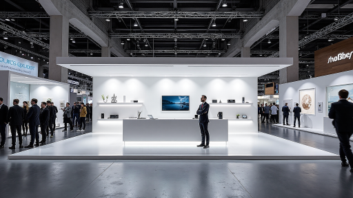 展会现场，公司展台展示最新机床产品，工作人员与客户交流，国际化展览环境