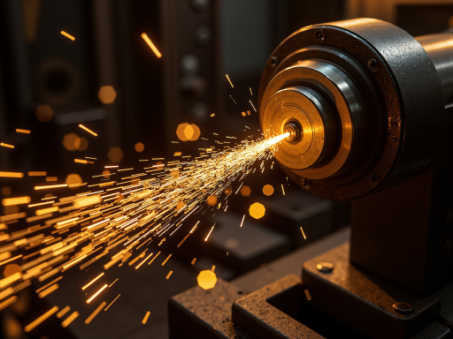 精密磨床侧面视角,长条形工作台,砂轮机构位于上方,工业车间背景