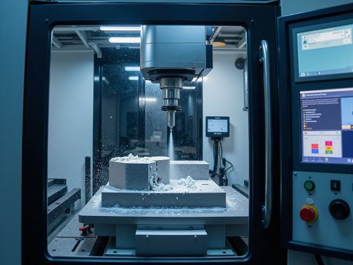 立式加工中心,灰色机身配蓝色装饰,三轴联动机构清晰可见,现代化工厂环境